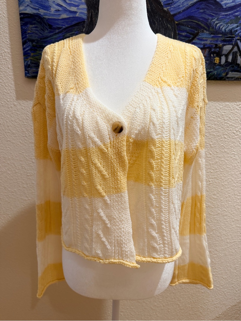 Yellow & Cream Striped V-Neck Sweater Cardigan